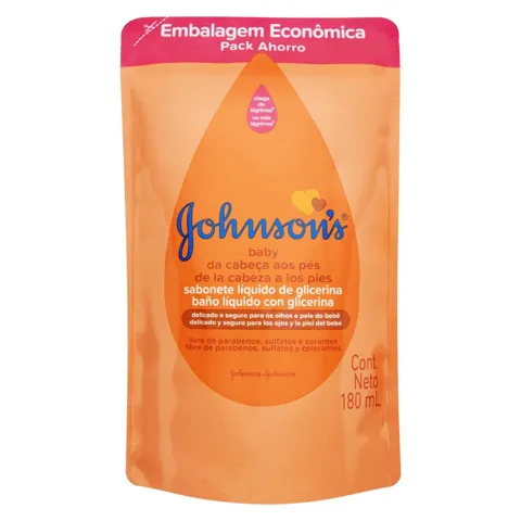 Sabonete Líquido de Glicerina da Cabeça aos Pés Johnson's Baby Sachê 180ml Refil Embalagem Econômica