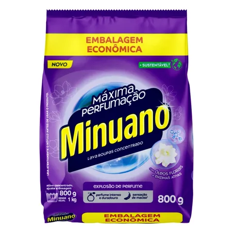 Lava-Roupas Pó Concentrado Minuano Máxima Perfumação Pacote 800g Embalagem Econômica