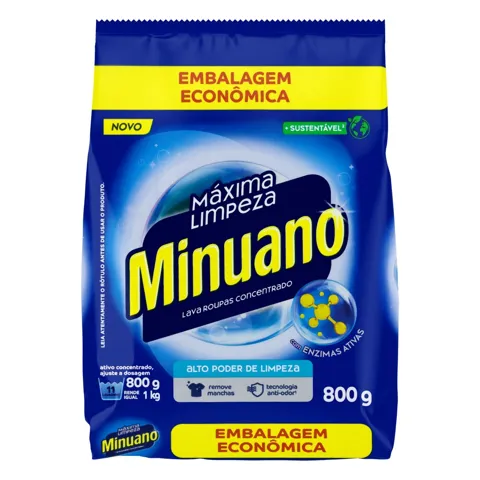 Lava-Roupas Pó Concentrado Minuano Máxima Limpeza Pacote 800g Embalagem Econômica