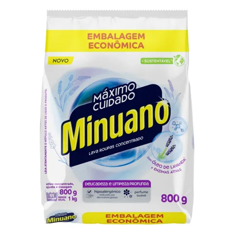 Lava-Roupas Pó Concentrado Minuano Máximo Cuidado Pacote 800g Embalagem Econômica