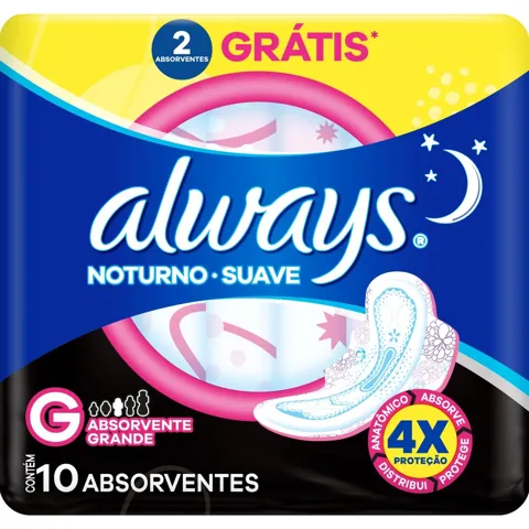 Absorvente com Abas Suave Always Noturno Grande Pacote 10 Unidades Grátis 2 Absorventes