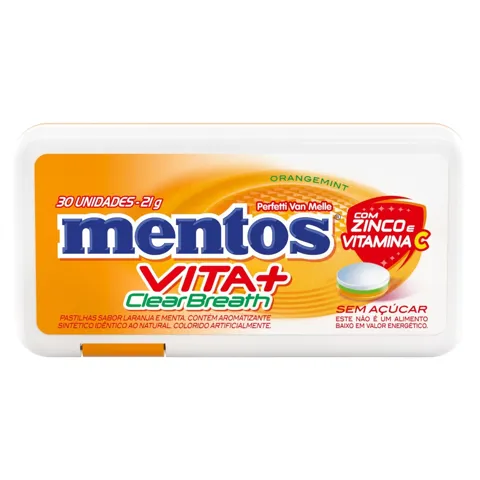 Pastilha Laranja e Menta Zero Açúcar Mentos Vita+ Clear Breath Caixa 21g 30 Unidades
