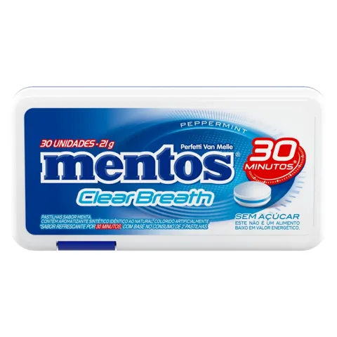 Pastilha Peppermint Zero Açúcar Mentos Clear Breath Lata 21g 30 Unidades