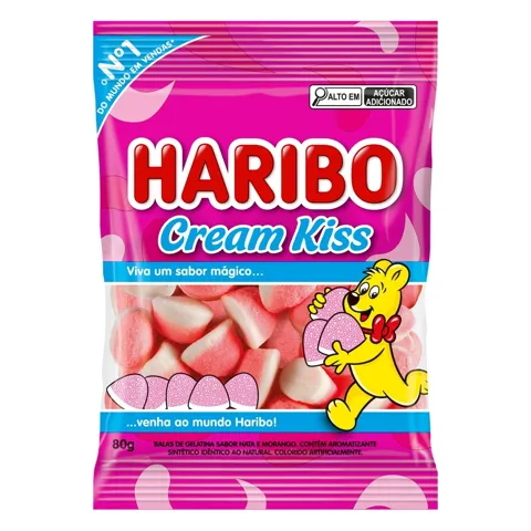 Bala de Gelatina Nata e Morango Cream Kiss Haribo Pacote 80g