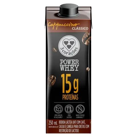 Bebida Láctea UHT Cappuccino Clássico Zero Lactose 3 Corações Power Whey Caixa 250ml