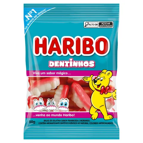 Bala de Gelatina Framboesa e Morango Dentinhos Haribo Pacote 80g