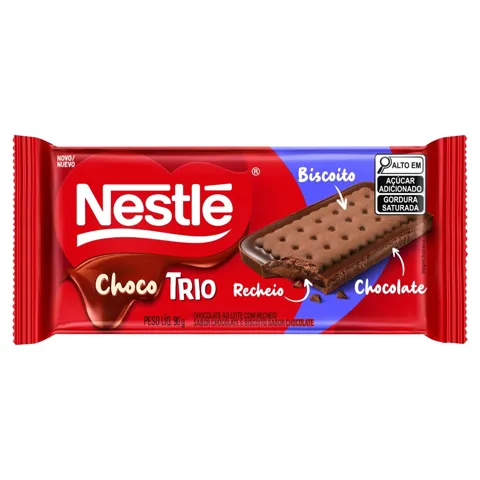 Chocolate ao Leite Recheio Chocolate com Biscoito de Chocolate Nestlé Choco Trio Pacote 90g