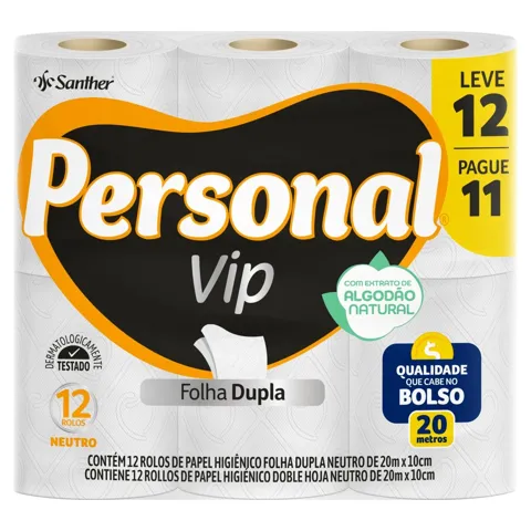 Papel Higiênico Folha Dupla Neutro Personal Vip 20m Pacote Leve 12 Pague 11 Unidades