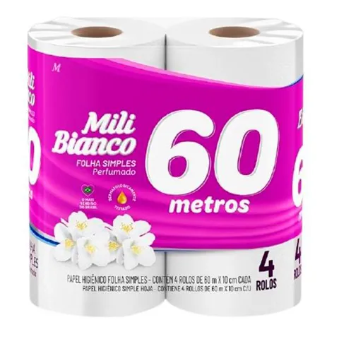 Papel Higiênico Mili Bianco Perfumado 4 rolos com 60 Metros