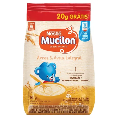 Cereal Infantil Integral Arroz & Aveia Mucilon Pacote 180g Grátis 20g