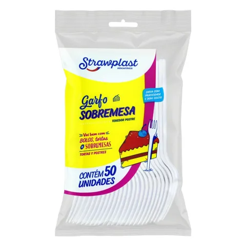 Garfo Descartável Sobremesa Branco Strawplast Pacote 50 Unidades