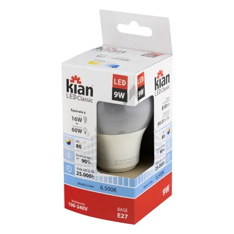 Lâmpada LED Luz Branca Fria 6500K Classic 9W Kian 100 - 240V