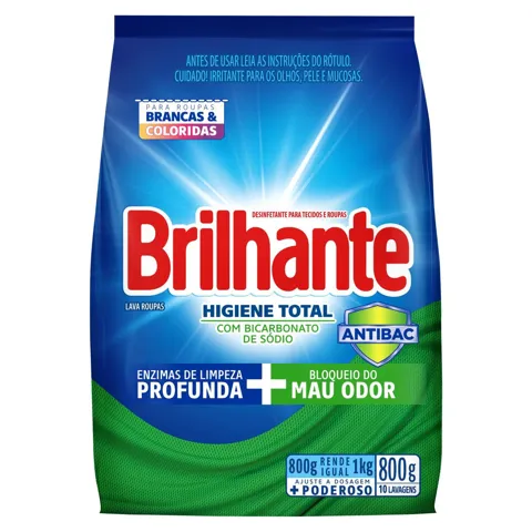 Lava-Roupas em Pó Roupas Brancas e Coloridas Brilhante Higiene Total Pacote 800g