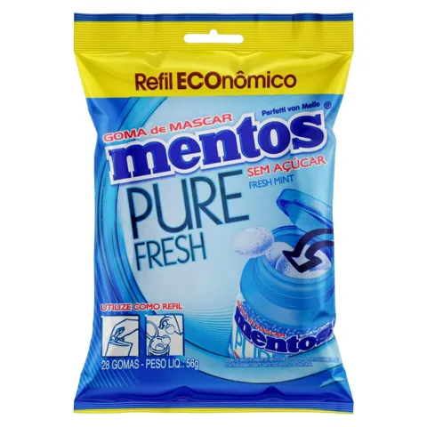 Goma de Mascar Fresh Mint Zero Açúcar Mentos Pure Fresh Pacote 56g 28 Unidades Refil Econômico