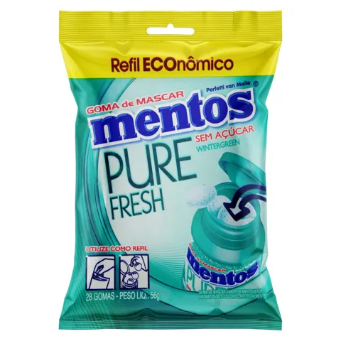 Goma de Mascar Wintergreen Zero Açúcar Mentos Pure Fresh Pacote 56g 28 Unidades Refil Econômico