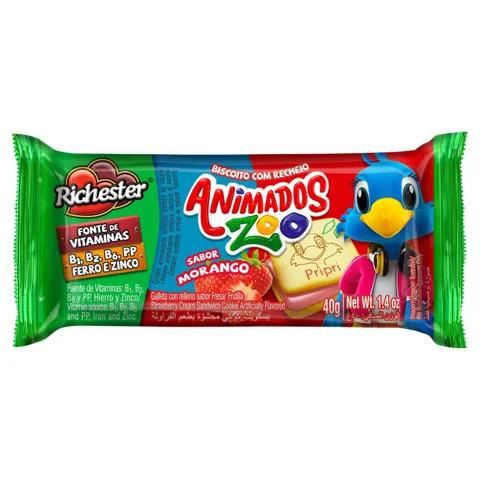 Biscoito Recheio Morango Richester Animados Zoo Pacote 40g
