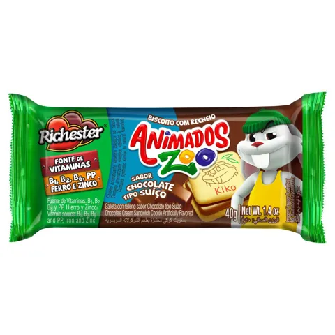 Biscoito Recheio Chocolate Suíço Richester Animados Zoo Pacote 40g