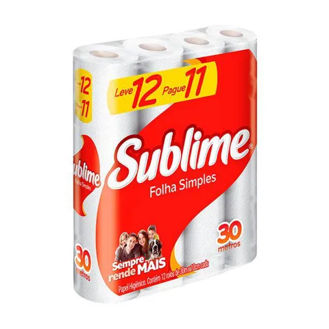 Papel Higiênico Sublime Folha Simples 30 Metros - Com 12 Rolos