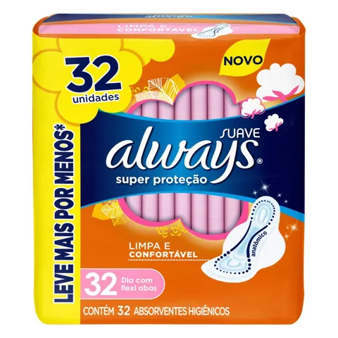 Absorvente com Abas Suave Super Proteção Always Pacote 32 Unidades Leve Mais Pague Menos