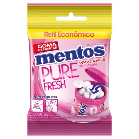 Goma de Mascar Tutti Frutti Zero Açúcar Mentos Pure Fresh Pacote 56g 28 Unidades Refil Econômico