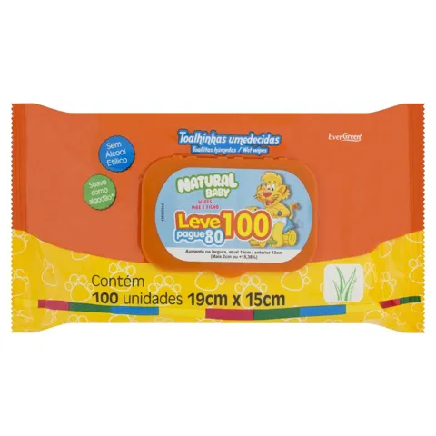 Toalha Umedecida Suave Natural Baby Wipes Mãe e Filho 19cm x 15cm Pacote Leve 100 Pague 80 Unidades