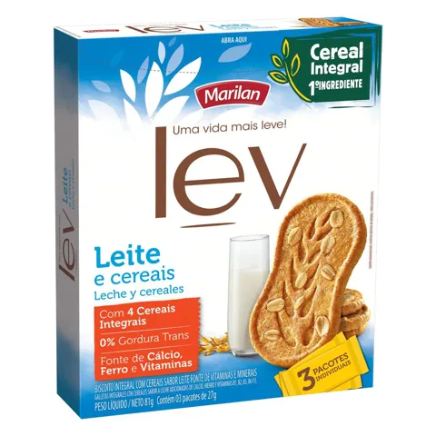 Biscoito Integral Leite e Cereais Marilan Lev Caixa 81g 3 Unidades