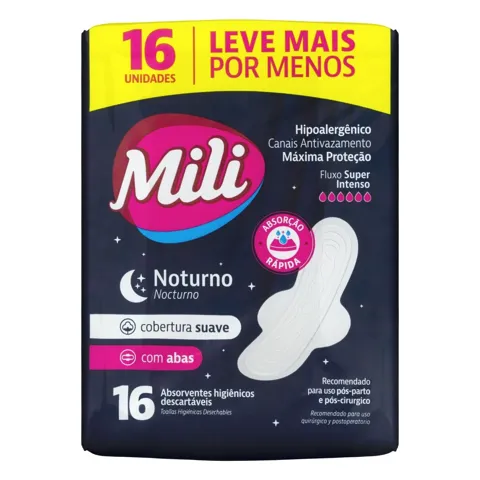 Absorvente Pós-Parto/Pós-Operatório com Abas Noturno Suave Mili Pacote 16 Unidades Leve Mais Pague Menos
