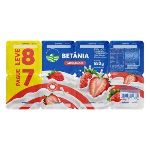 Bebida Láctea Fermentada Morango Betânia Bandeja 680g Leve 8 Pague 7 Unidades