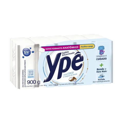 Sabão Barra Glicerinado Coco Ypê Pacote 900g 5 Unidades