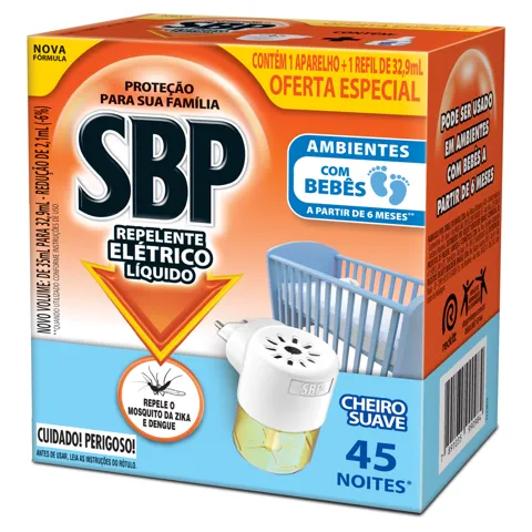 Kit Aparelho Elétrico + Refil Repelente Líquido Cheiro Suave SBP 32,9ml