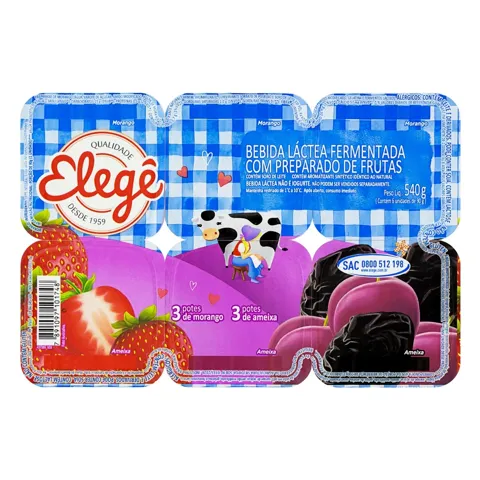 Bebida Láctea Fermentada Morango + Ameixa Elegê Bandeja 540g 6 Unidades