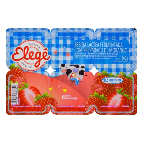 Bebida Láctea Fermentada Morango Elegê Bandeja 540g 6 Unidades