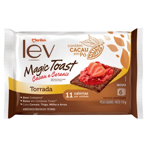 Torrada Cacau e Cereais Marilan Lev Magic Toast Pacote 110g 6 Unidades
