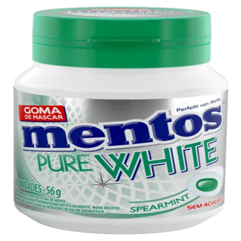 Goma de Mascar Spearmint Zero Açúcar Mentos Pure White Pote 56g 28 Unidades