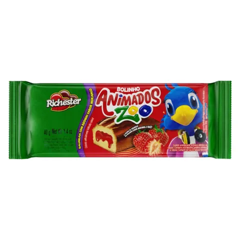 Bolinho Baunilha Recheio Morango Richester Animados Zoo Pacote 40g