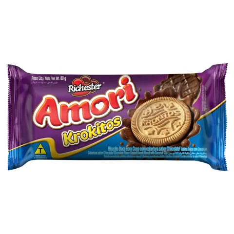 Biscoito com Coco Cobertura Chocolate Richester Amori Krokitos Pacote 80g