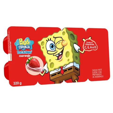 Queijo Petit Suisse Morango Bob Esponja Elegê Bandeja 320g 8 Unidades