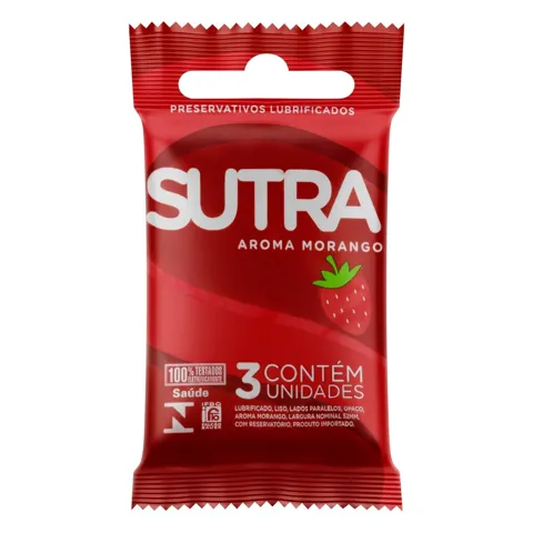 Preservativo Masculino Lubrificado Morango Sutra Pacote 3 Unidades