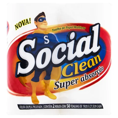 Toalha de Papel Folha Dupla Multiuso Social Clean Super Absorção 19cm x 21,5cm Pacote 2 Unidades