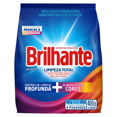 Lava-Roupas em Pó Roupas Brancas e Coloridas Brilhante Limpeza Total Pacote 400g