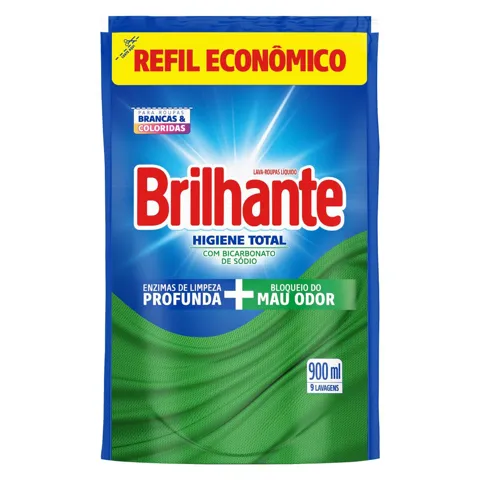 Lava-Roupas Líquido Roupas Brancas e Coloridas Brilhante Higiene Total Sachê 900ml Refil Econômico