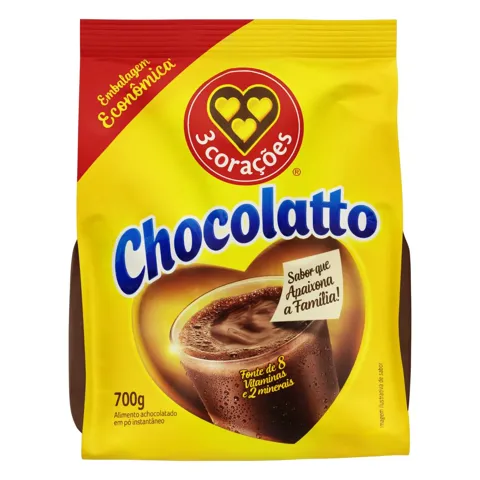 Achocolatado em Pó 3 Corações Chocolatto Pacote 700g Embalagem Econômica