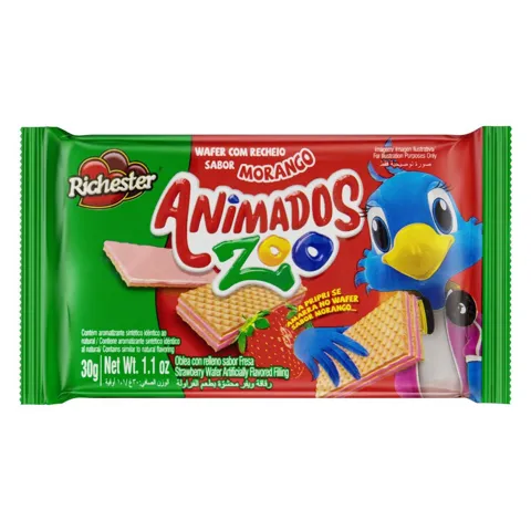 Biscoito Wafer Recheio Morango Richester Animados Zoo Pacote 30g