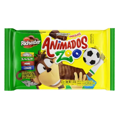 Biscoito Leite Cobertura Chocolate Richester Animados Zoo Pacote 40g