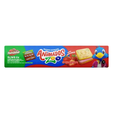 Biscoito Recheio Morango Richester Animados Zoo Pacote 130g