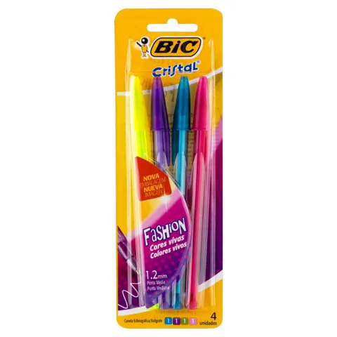 Caneta Esferográfica 1,2mm Ponta Média Fashion Bic Cristal 4 Unidades