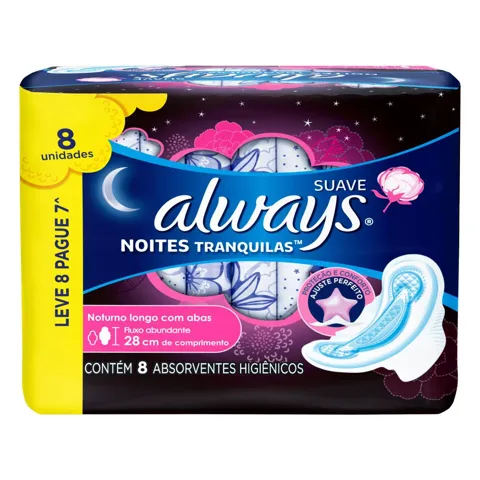 Absorvente com Abas Suave Always Noites Tranquilas Pacote Leve 8 Pague 7 Unidades