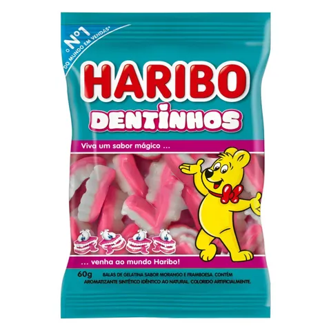 Bala de Gelatina Morango e Framboesa Dentinhos Haribo Pacote 60g
