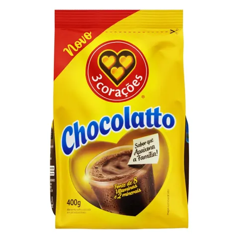 Achocolatado em Pó 3 Corações Chocolatto Pacote 400g