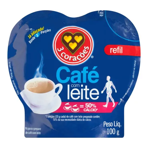 Café com Leite Solúvel 3 Corações Sachê 100g Refil Econômico